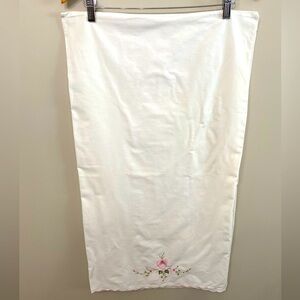 Vintage Pair of White Cotton Standard Pillowcases Embroidered Pink Rose Florals